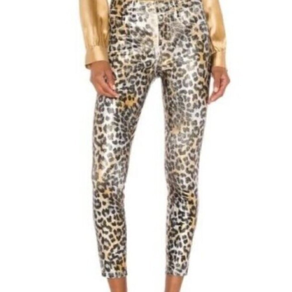 New L'AGENCE Margot High Rise Skinny Pants Womens 25 Vtg White Gold Leopard Foil